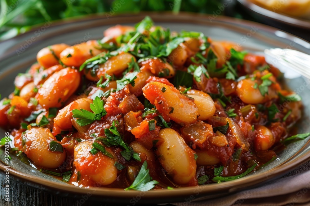 A plate of gigantes plaki, giant beans baked in a rich tomato sauce with onions and herbs, garnished with fresh parsley. A plate of gigantes plaki, giant beans baked in a rich tomato sauce with onions and herbs, garnished with fresh parsley.