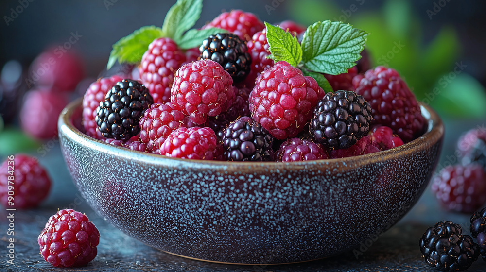 A bowl containing a bunch of blackberry fruits A bowl containing a bunch of blackberry fruits
