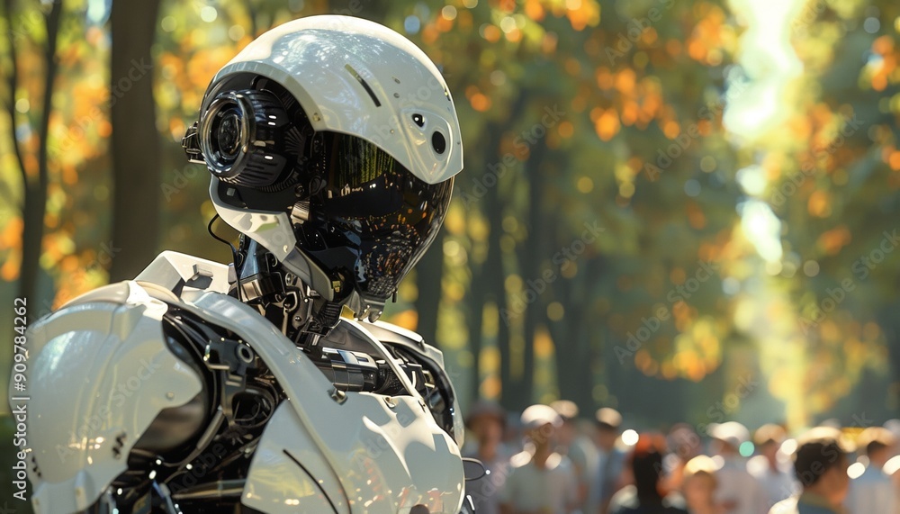 Futuristic Robot with Helmet Among People in Park, Sci-Fi Meets Reality Futuristic Robot with Helmet Among People in Park, Sci-Fi Meets Reality