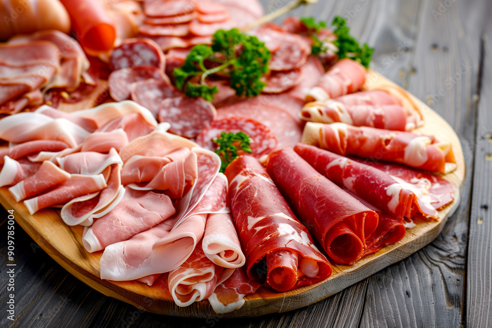 A wooden board with a variety of meats and vegetables, including sausage, ham, and broccoli. The board is arranged in a way that makes it easy to see and access the different types of food A wooden board with a variety of meats and vegetables, including sausage, ham, and broccoli. The board is arranged in a way that makes it easy to see and access the different types of food