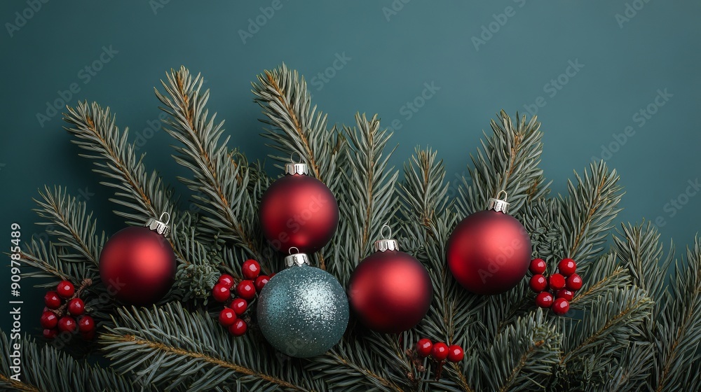 Holiday Ornaments on Evergreen Branches Against a Dark Background Holiday Ornaments on Evergreen Branches Against a Dark Background