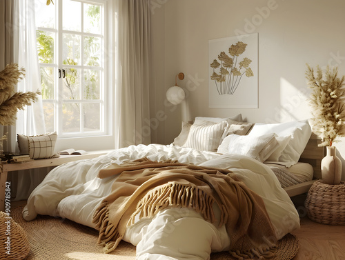 Minimalist design with cozy textures, showcasing a sleek platform bed in a Scandinavian-inspired bedroom. photo