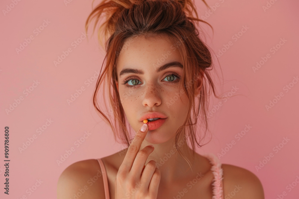 Beautiful woman face with collagen pill, dietary supplements in hands, capsules banner, mineral pills Beautiful woman face with collagen pill, dietary supplements in hands, capsules banner, mineral pills