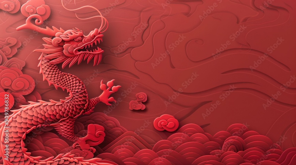 Intricate red dragon sculpture on a textured red background with swirling clouds, symbolizing power and luck Intricate red dragon sculpture on a textured red background with swirling clouds, symbolizing power and luck