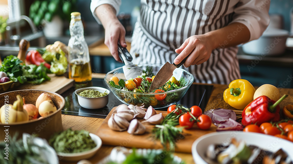 A woman is preparing a salad on a kitchen counter with a variety of vegetables A woman is preparing a salad on a kitchen counter with a variety of vegetables