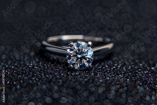 Stunning platinum engagement ring with a round brilliant diamond on a black glossy background