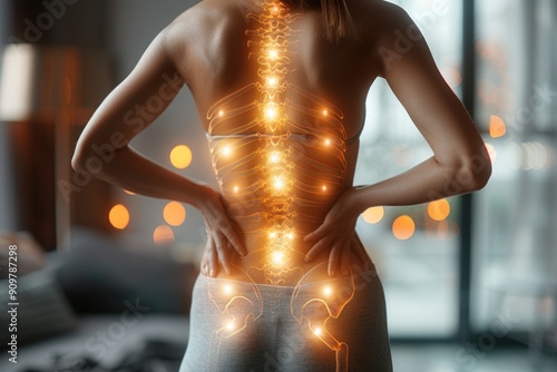 Woman with back pain and visible glowing spine at work