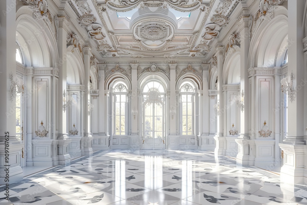 White Castle Interiors, Empty Victorian Hall, Luxury Hotel Lobby, Royal Villa, Copy Space White Castle Interiors, Empty Victorian Hall, Luxury Hotel Lobby, Royal Villa, Copy Space