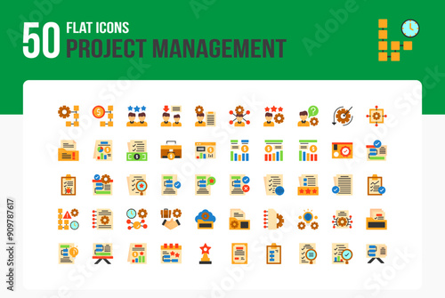 Set of 50 Project Management icons related to Resource,  Allocation, Team Member, Leader Flat Icon collection