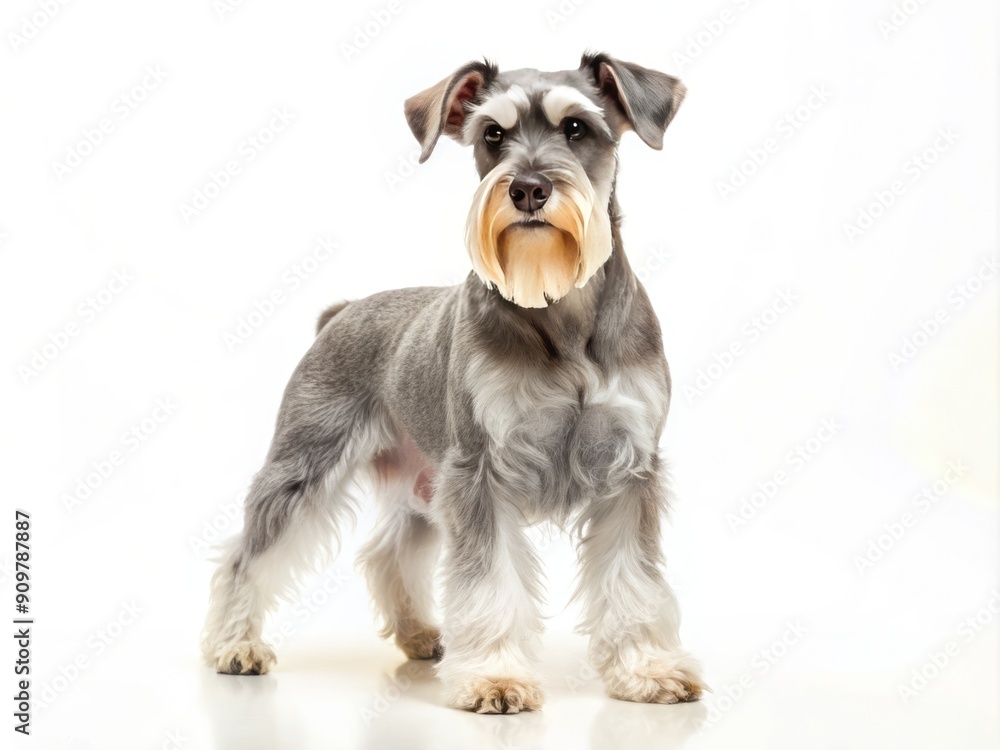 Adorable silver schnauzer stands attentively on a white studio background, awaiting commands during obedience training, with ample copy space for text or design elements. Adorable silver schnauzer stands attentively on a white studio background, awaiting commands during obedience training, with ample copy space for text or design elements.