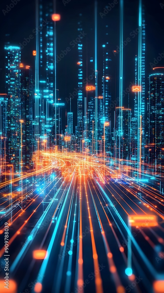 Fototapeta premium Futuristic Illuminated Smart City with Advanced 5G 6G Wireless Network and Cloud Computing Technology