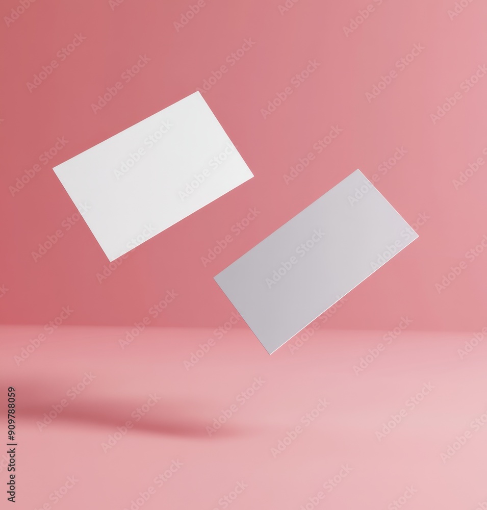 two blank cards or papers floating in the air, behind is a solid color background, mockup type, professional product photography two blank cards or papers floating in the air, behind is a solid color background, mockup type, professional product photography