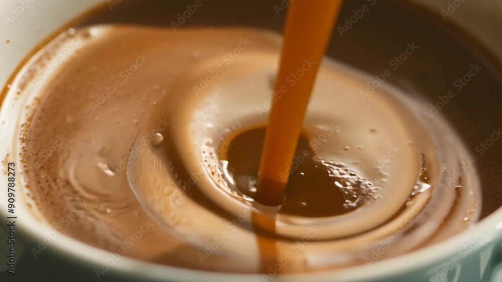 A barista pours cream into coffee, creating swirling patterns in the dark liquid. The caf� ambiance complements the artisanal beverage-making process. A barista pours cream into coffee, creating swirling patterns in the dark liquid. The caf� ambiance complements the artisanal beverage-making process.