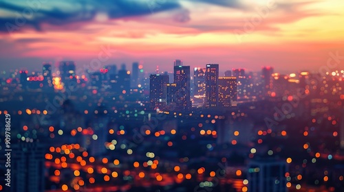 City lights bokeh with warm sunset colors photo