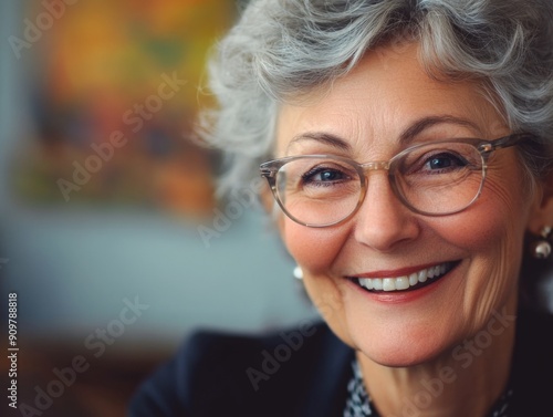 A happy woman wearing glasses and a necklace smiles at the camera