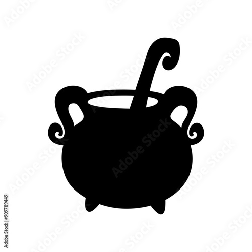 Witch pot in simple style, vector illustration. Silhouette of cauldron for print and design. Isolated black element on white background. Celebration Halloween