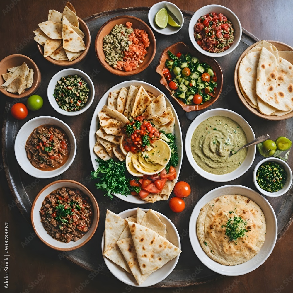 A vibrant spread of traditional Indian cuisine featuring an array of dishes, including various types of bread, lentils, salads, and chutneys, beautifully arranged on a large platter. A vibrant spread of traditional Indian cuisine featuring an array of dishes, including various types of bread, lentils, salads, and chutneys, beautifully arranged on a large platter.