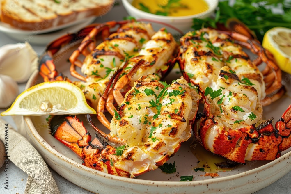 A plate of grilled lobster tails, garnished with melted butter, lemon wedges, and a sprinkle of parsley, served with a side of garlic bread. A plate of grilled lobster tails, garnished with melted butter, lemon wedges, and a sprinkle of parsley, served with a side of garlic bread.