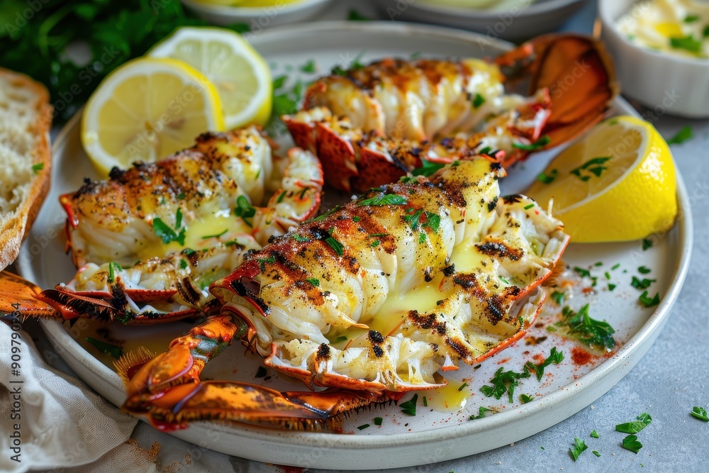 A plate of grilled lobster tails, garnished with melted butter, lemon wedges, and a sprinkle of parsley, served with a side of garlic bread. A plate of grilled lobster tails, garnished with melted butter, lemon wedges, and a sprinkle of parsley, served with a side of garlic bread.