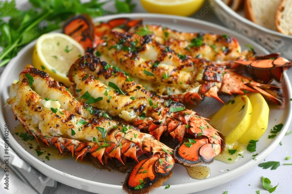 A plate of grilled lobster tails, garnished with melted butter, lemon wedges, and a sprinkle of parsley, served with a side of garlic bread. A plate of grilled lobster tails, garnished with melted butter, lemon wedges, and a sprinkle of parsley, served with a side of garlic bread.