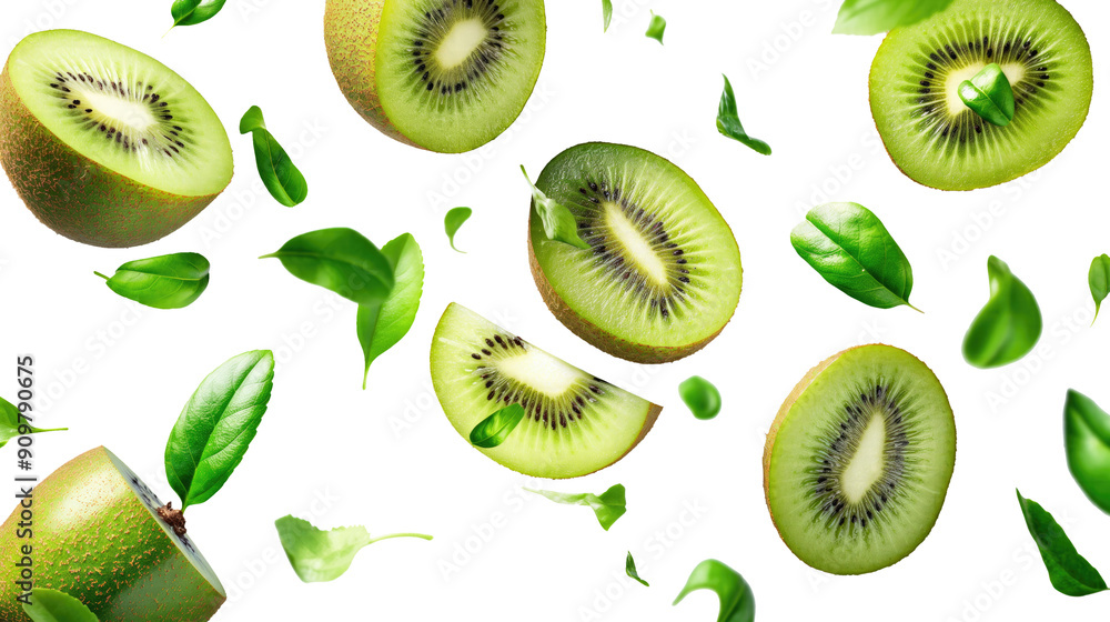 Fototapeta premium kiwi fruit with half slices and green leaves isolated on transparent white background, clipping path