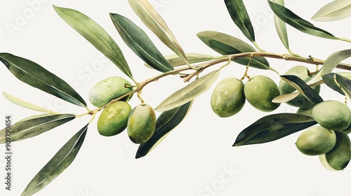 Close-Up of Green Olive Branch with Detailed Fruits and Leaves Against White Background