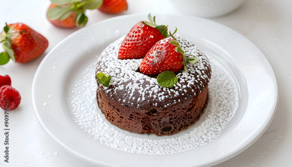 Chocolate fondant (cupcake) with strawberries and powdered sugar Chocolate fondant (cupcake) with strawberries and powdered sugar