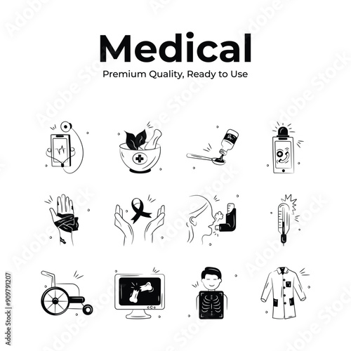 Grab this amazing medical and healthcare icons set in hand drawn doodle style
