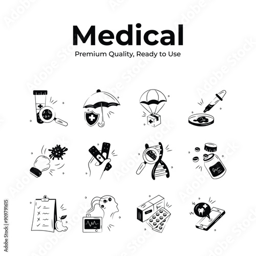 Creatively crafted medical icons set, depicting various healthcare tools, services, and emergency supplies.