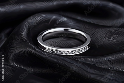 Timeless platinum wedding band with channel-set diamonds on a black silk background
