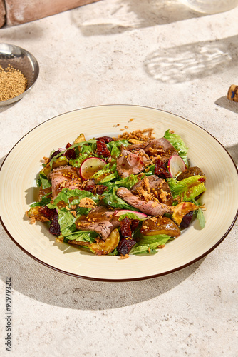 Authentic Roast Beef and Baked Potato Salad Still Life in Natural Sunlight photo