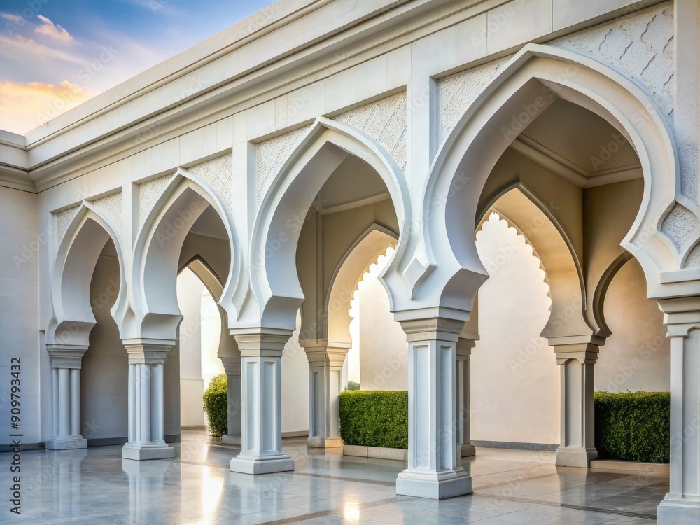 Elegant white concrete wall featuring two pointed-arch columns and matching arches, evoking a sense of grandeur and sophistication, reminiscent of Gothic and Islamic architectural styles. Elegant white concrete wall featuring two pointed-arch columns and matching arches, evoking a sense of grandeur and sophistication, reminiscent of Gothic and Islamic architectural styles.