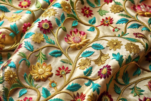 Exquisite Indian-inspired pure silk brocade fabric features an intricate, ornate Mughal floral design with delicate vines, botanical motifs, and shimmering golden thread accents.