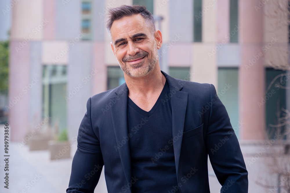 Obraz premium Close-up of a caucasian businessman looking smiling at the camera in a suit standing in outdoor workspace. Front view of a young lawyer with thoughtful expression staring