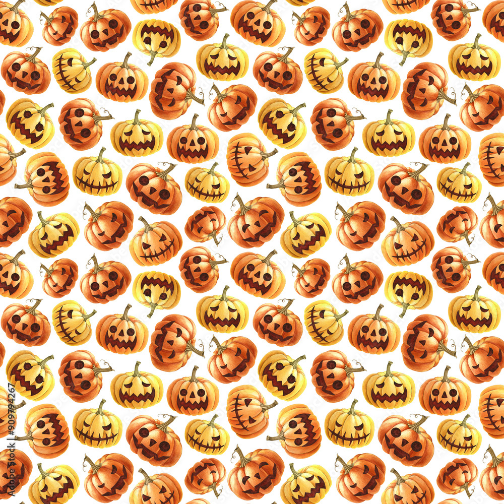 Halloween traditional smiling spooky pumpkins seamless pattern. Watercolor illustration. Hand drawn orange scary Halloween pumpkins on white background. Holiday decor for wrapping, fabric, textile Halloween traditional smiling spooky pumpkins seamless pattern. Watercolor illustration. Hand drawn orange scary Halloween pumpkins on white background. Holiday decor for wrapping, fabric, textile