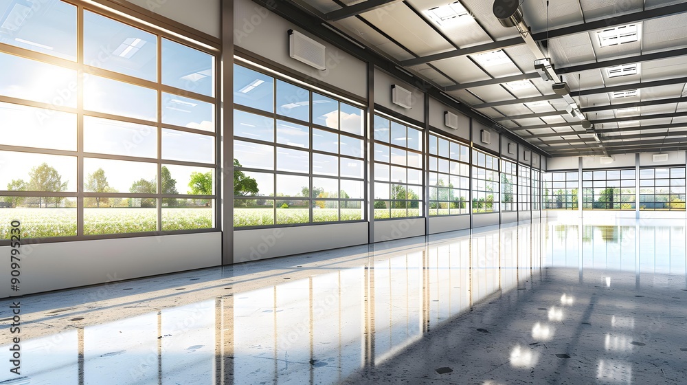 Large Empty Warehouse With Windows Looking Out To Grassy Field Large Empty Warehouse With Windows Looking Out To Grassy Field