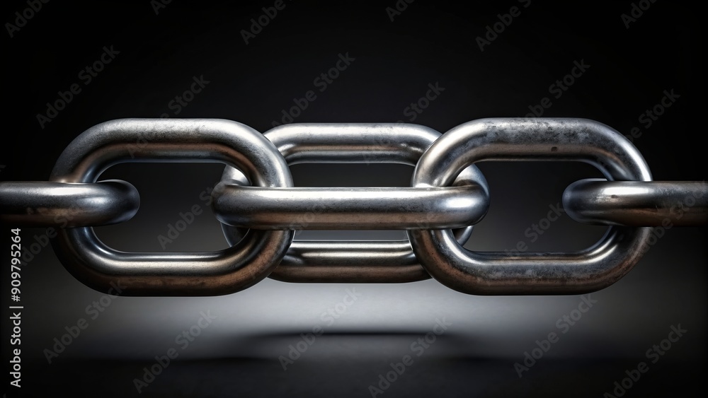 A solitary chain link lies isolated on a stark black background, its metallic curves and twists evoking a sense of industrial simplicity and modern elegance. A solitary chain link lies isolated on a stark black background, its metallic curves and twists evoking a sense of industrial simplicity and modern elegance.