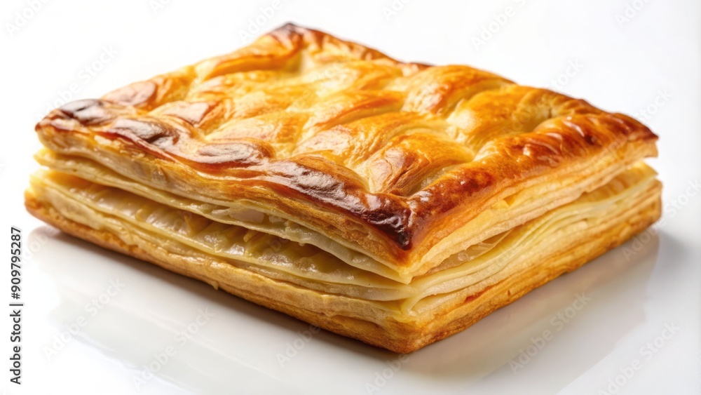 Golden, flaky, and crispy fresh puff pastry sheet, perfectly baked and delicately arranged on a clean white background, evoking a sense of warmth and inviting freshness. Golden, flaky, and crispy fresh puff pastry sheet, perfectly baked and delicately arranged on a clean white background, evoking a sense of warmth and inviting freshness.