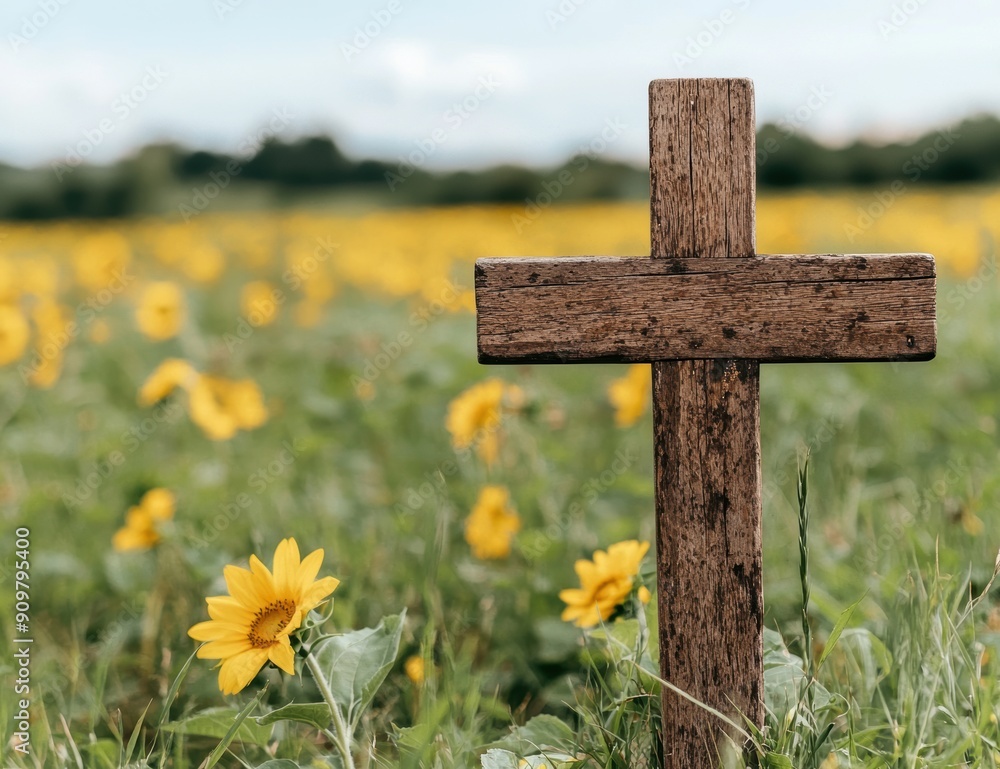 Wooden cross in a field of yellow flowers Wooden cross in a field of yellow flowers