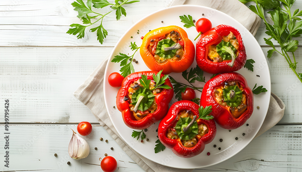 Stuffed peppers on white plate on wooden table Stuffed peppers on white plate on wooden table