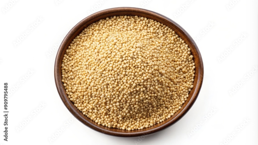 Heaping bowl overflowed with nutritious raw quinoa seeds, arranged in a circular pattern, isolated on a clean white background, highlighting their natural brown color. Heaping bowl overflowed with nutritious raw quinoa seeds, arranged in a circular pattern, isolated on a clean white background, highlighting their natural brown color.