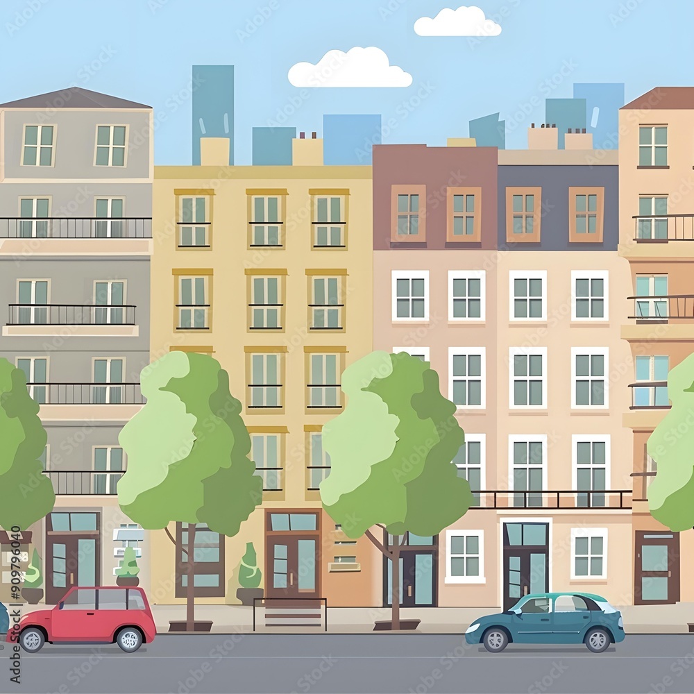 Cityscape Illustration With Green Trees and Cars Cityscape Illustration With Green Trees and Cars