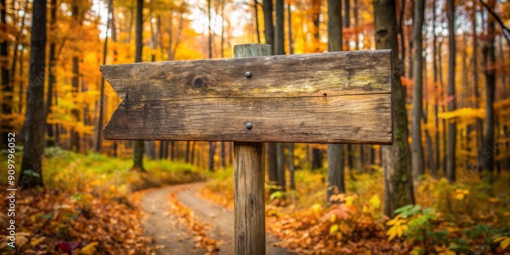 Rustic wooden direction sign with faded paint stands alone in a serene forest landscape, pointing to various trails and destinations amidst autumn foliage backdrop. Rustic wooden direction sign with faded paint stands alone in a serene forest landscape, pointing to various trails and destinations amidst autumn foliage backdrop.
