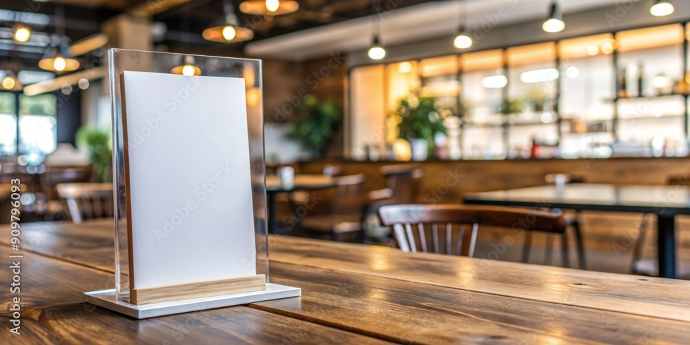 Empty menu frame at bar restaurant with white paper booklets in acrylic tent card holders on wooden table in cafeteria with blurred background awaits customer input. Empty menu frame at bar restaurant with white paper booklets in acrylic tent card holders on wooden table in cafeteria with blurred background awaits customer input.