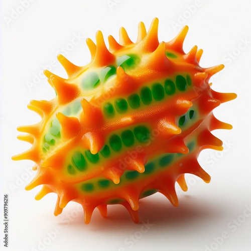 Kiwano Oval shaped with orange spiky skin and green jelly like f photo