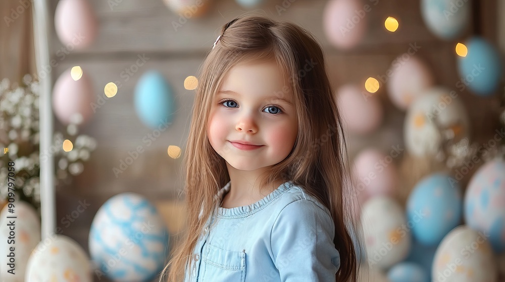 Naklejka premium Smiling Young Girl Posing With Colorful Easter Eggs in Spring Setting