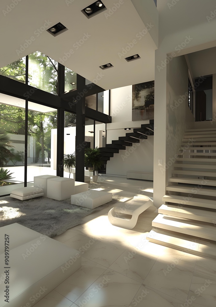 Fototapeta premium Modern Interior Design Living Room with Large Windows and Stairs