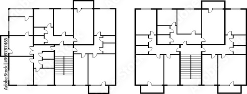 House and apartments architectural project, blueprint. Engineering design of floor plan and apartment layout. Vector illustration in technical drawing style.
