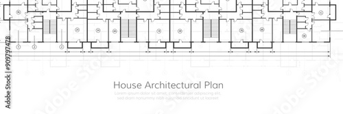 Architectural background. Part of house and apartments architectural project, blueprint. Engineering design of floor plan and apartment layout. Vector background in technical drawing style.