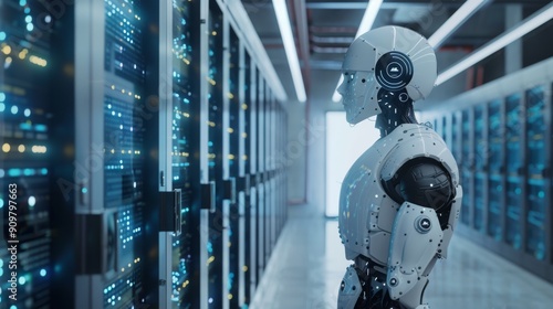 Futuristic Robot in a Data Center Surrounded by Server Racks